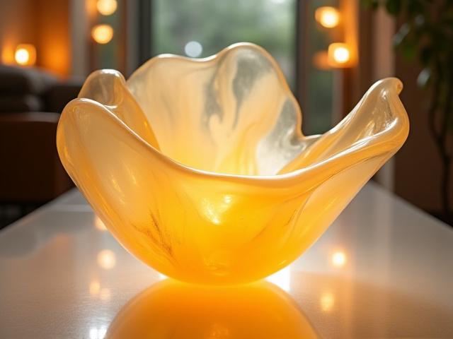 Abstract organic glass sculpture with light reflections.