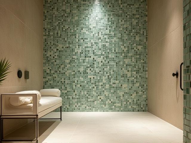 Detailed mosaic feature wall made with small ceramic pieces.