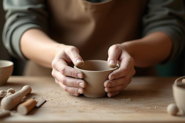 Artisan creating ceramic piece from recycled materials, emphasizing circular economy